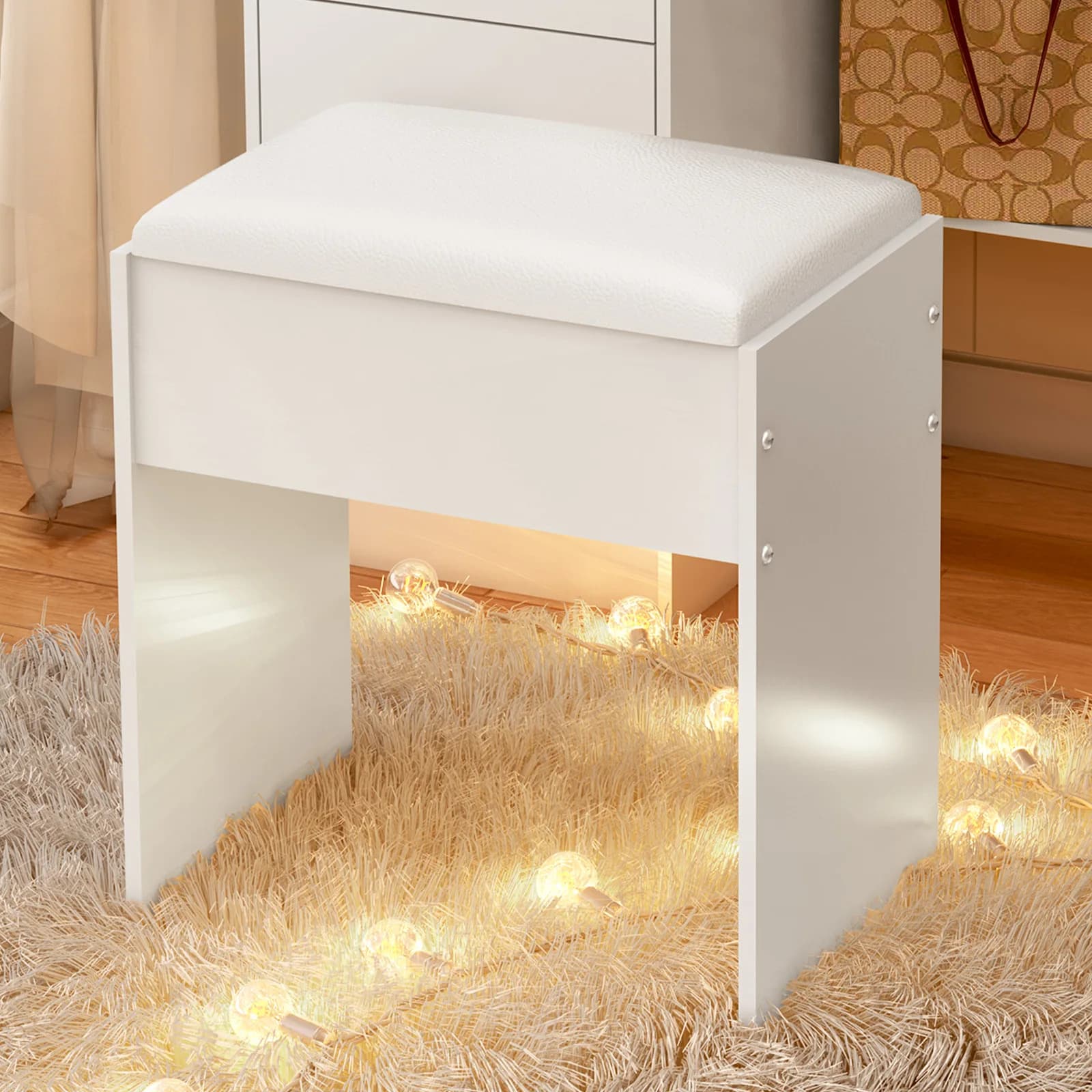 Tabouret de coiffeuse rembourré, pieds en bois