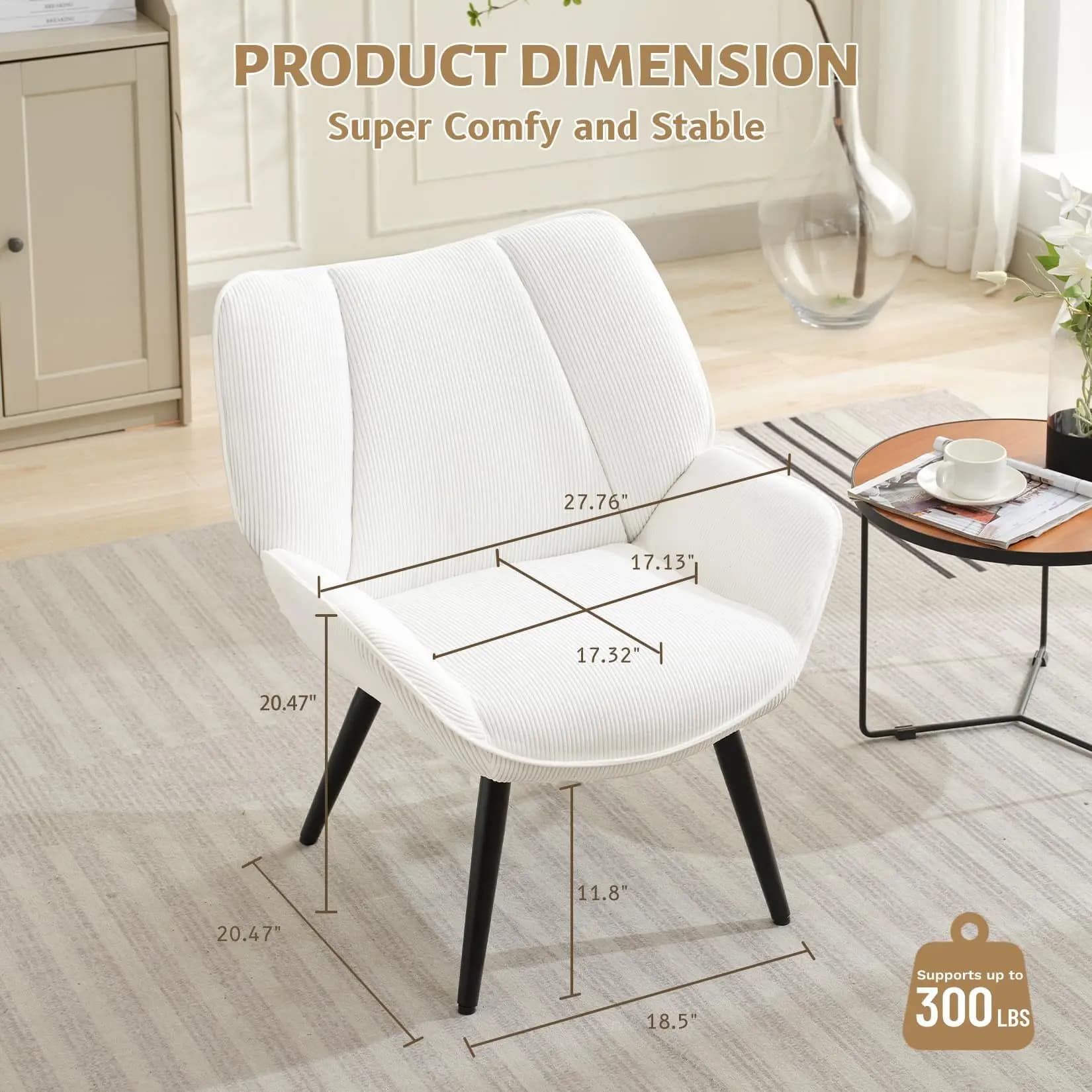 Fauteuil scandinave en velours côtelé, haut dossier et larges accoudoirs