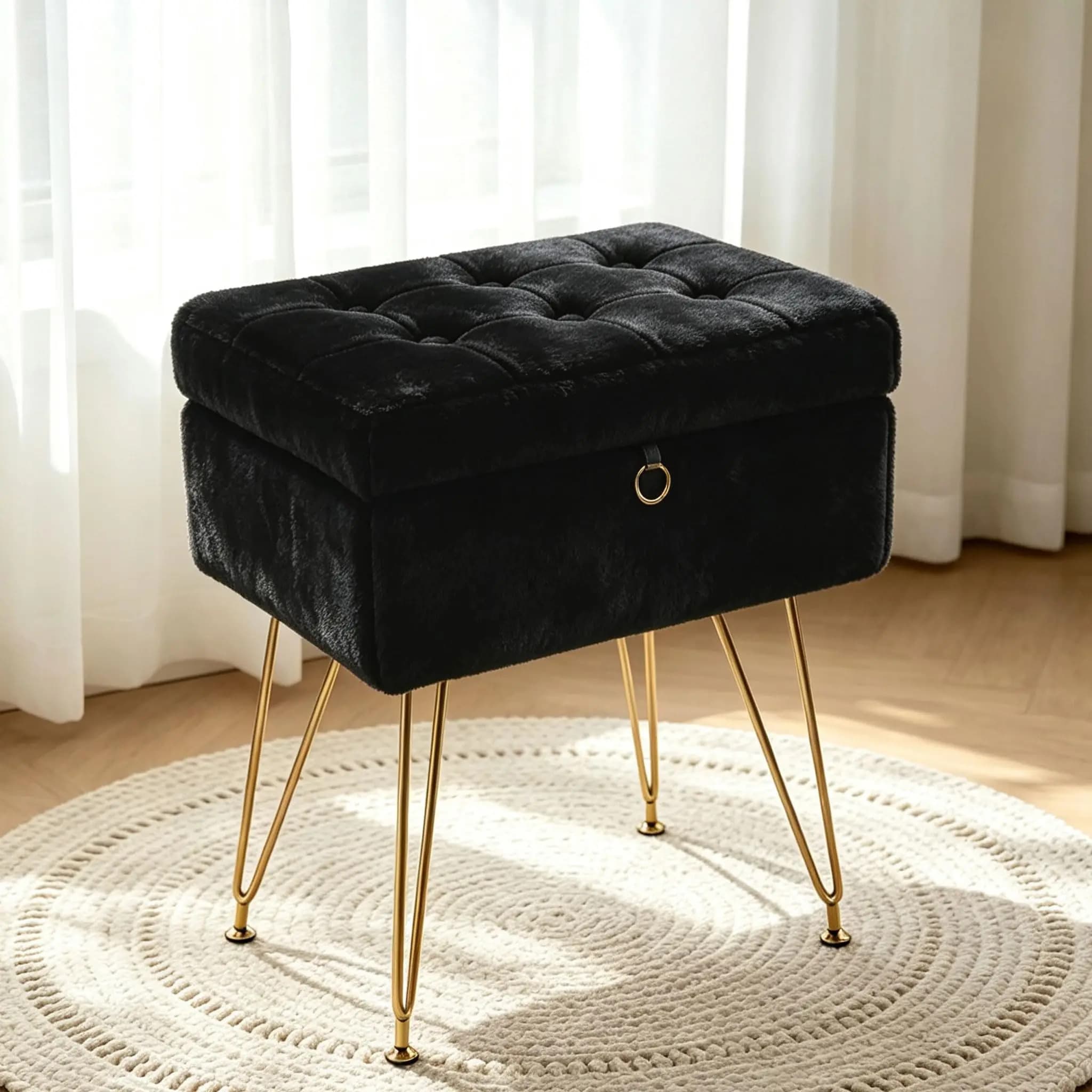 Chaise de rangement en fausse fourrure, pieds dorés, coffre de 8 litres
