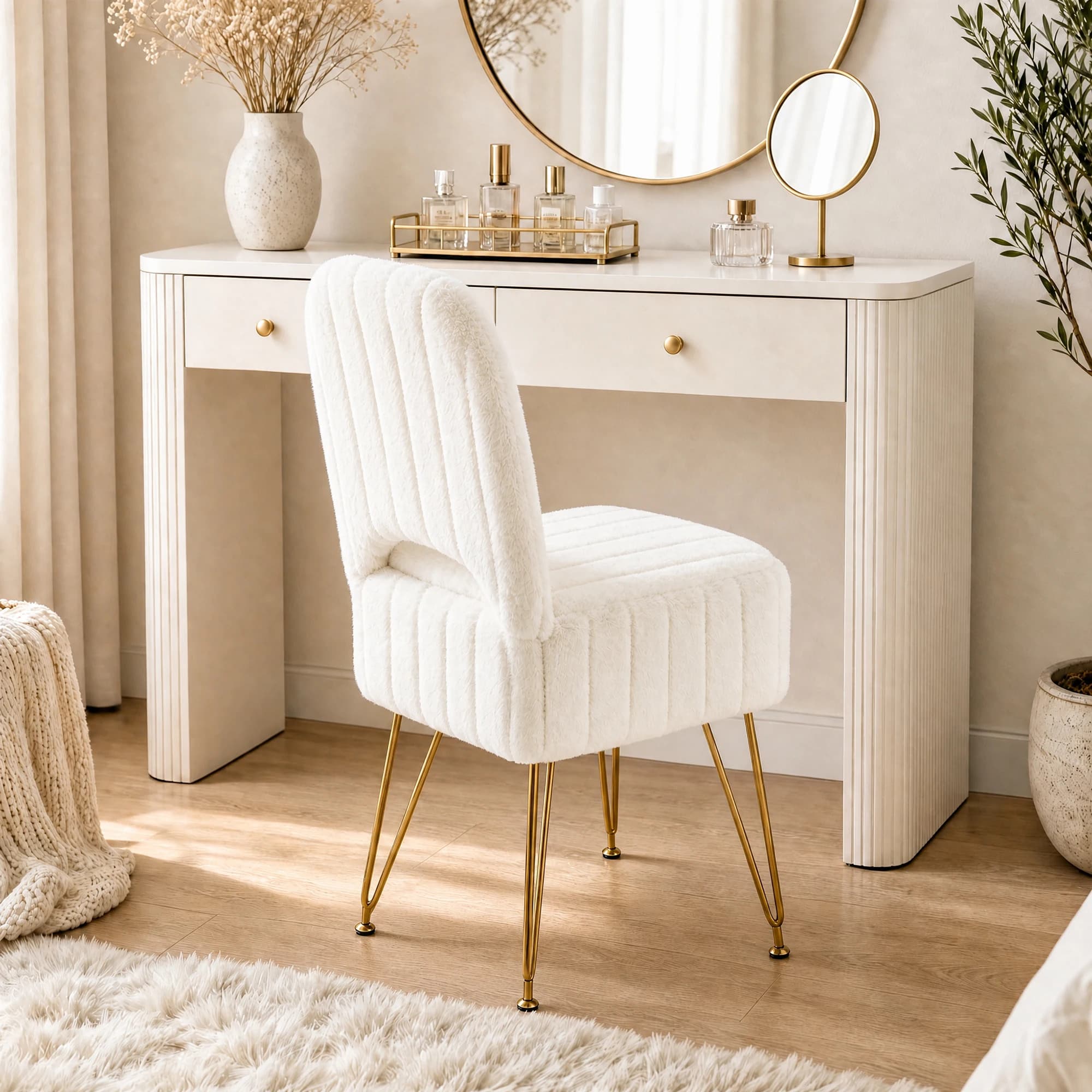 Pouf de coiffeuse carré avec dossier, petit modèle, fausse fourrure